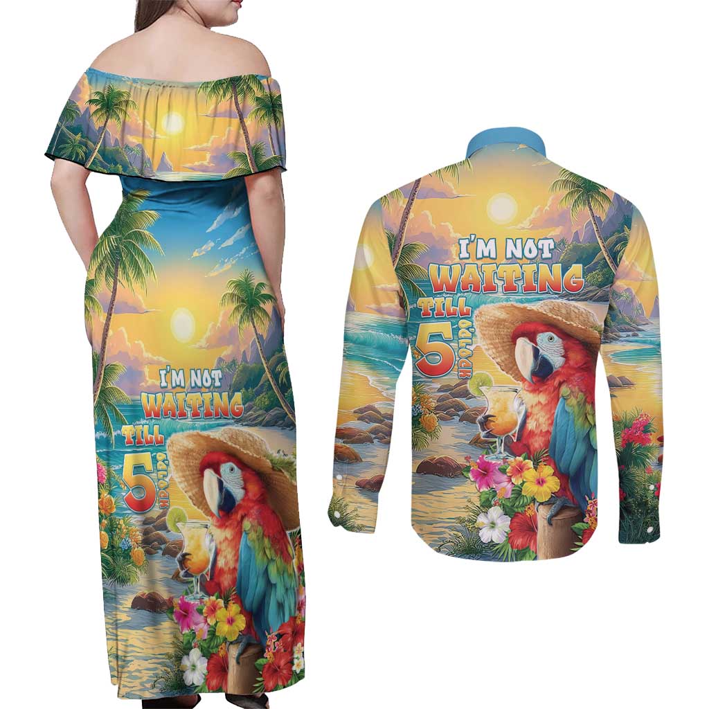 Hawaii Parrot Couples Matching Off Shoulder Maxi Dress and Long Sleeve Button Shirt Im Not Waiting Till 5 Oclock