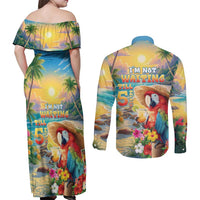 Hawaii Parrot Couples Matching Off Shoulder Maxi Dress and Long Sleeve Button Shirt Im Not Waiting Till 5 Oclock