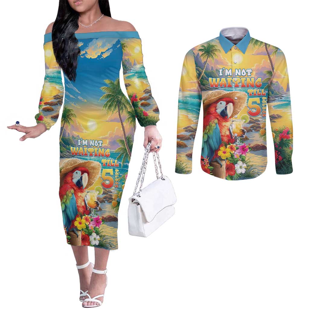 Hawaii Parrot Couples Matching Off The Shoulder Long Sleeve Dress and Long Sleeve Button Shirt Im Not Waiting Till 5 Oclock