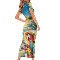 Hawaii Parrot Family Matching Short Sleeve Bodycon Dress and Hawaiian Shirt Im Not Waiting Till 5 Oclock - Polynesian Pride