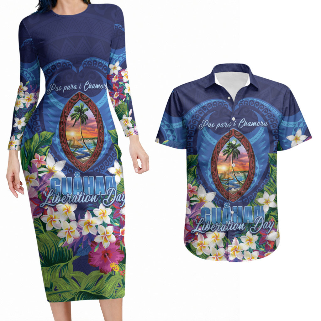 Guam Liberation Day Couples Matching Long Sleeve Bodycon Dress and Hawaiian Shirt Pas Para I Chamoru LT05 Navy - Polynesian Pride