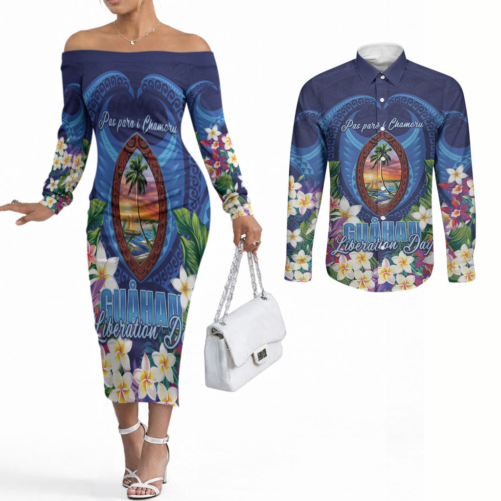 Guam Liberation Day Couples Matching Off The Shoulder Long Sleeve Dress and Long Sleeve Button Shirt Pas Para I Chamoru LT05 Navy - Polynesian Pride