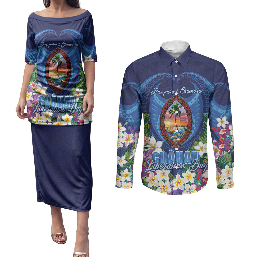 Guam Liberation Day Couples Matching Puletasi and Long Sleeve Button Shirt Pas Para I Chamoru LT05 Navy - Polynesian Pride