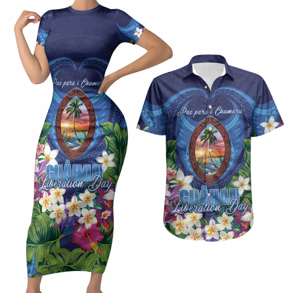Guam Liberation Day Couples Matching Short Sleeve Bodycon Dress and Hawaiian Shirt Pas Para I Chamoru LT05 Navy - Polynesian Pride