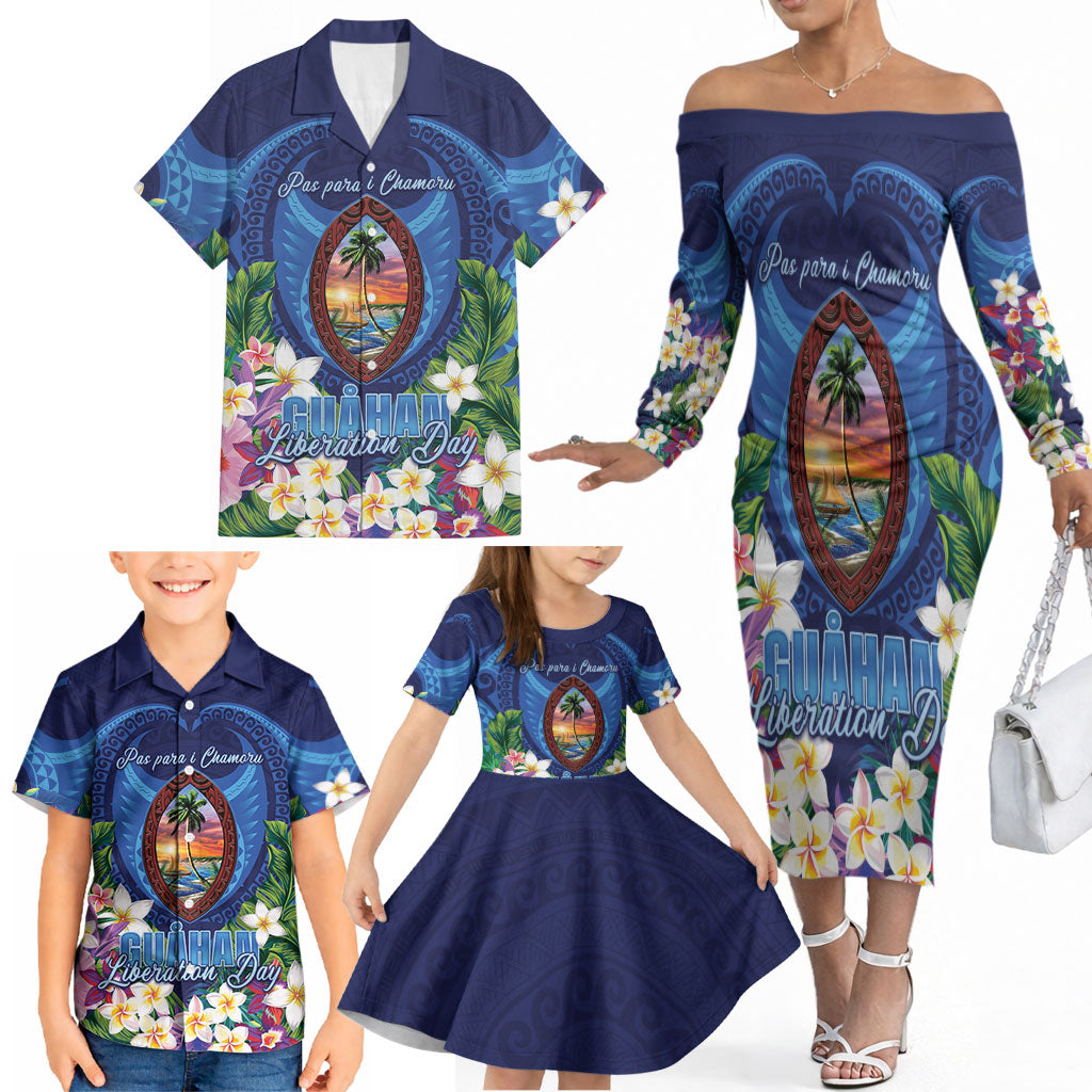 Guam Liberation Day Family Matching Off The Shoulder Long Sleeve Dress and Hawaiian Shirt Pas Para I Chamoru LT05 - Polynesian Pride