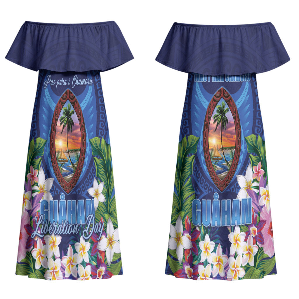 Guam Liberation Day Family Matching Off Shoulder Maxi Dress and Hawaiian Shirt Pas Para I Chamoru LT05 Mom's Dress Navy - Polynesian Pride