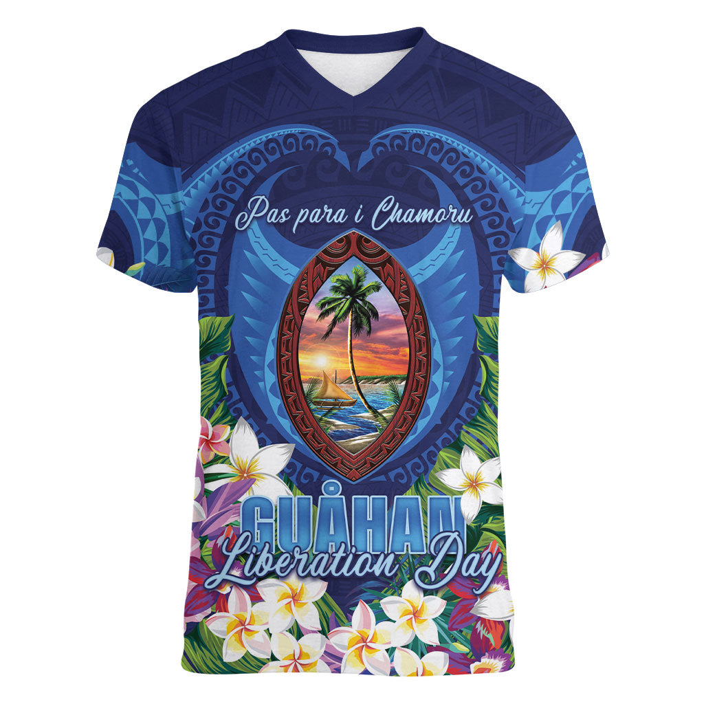 Guam Liberation Day Women V-Neck T-Shirt Pas Para I Chamoru LT05 Female Navy - Polynesian Pride