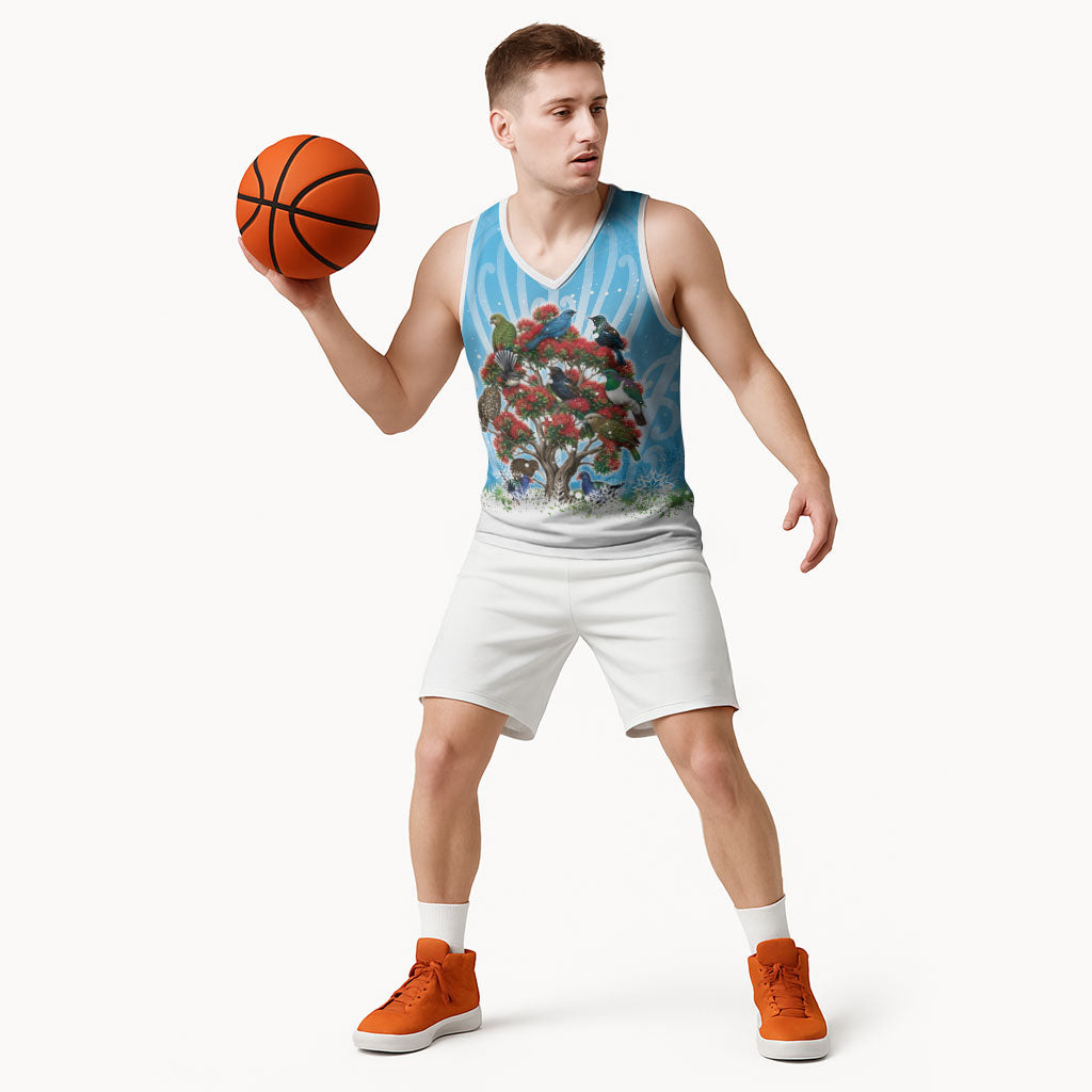 New Zealand Birds Christmas Basketball Jersey Pohutukawa Xmas Tree LT05 - Polynesian Pride