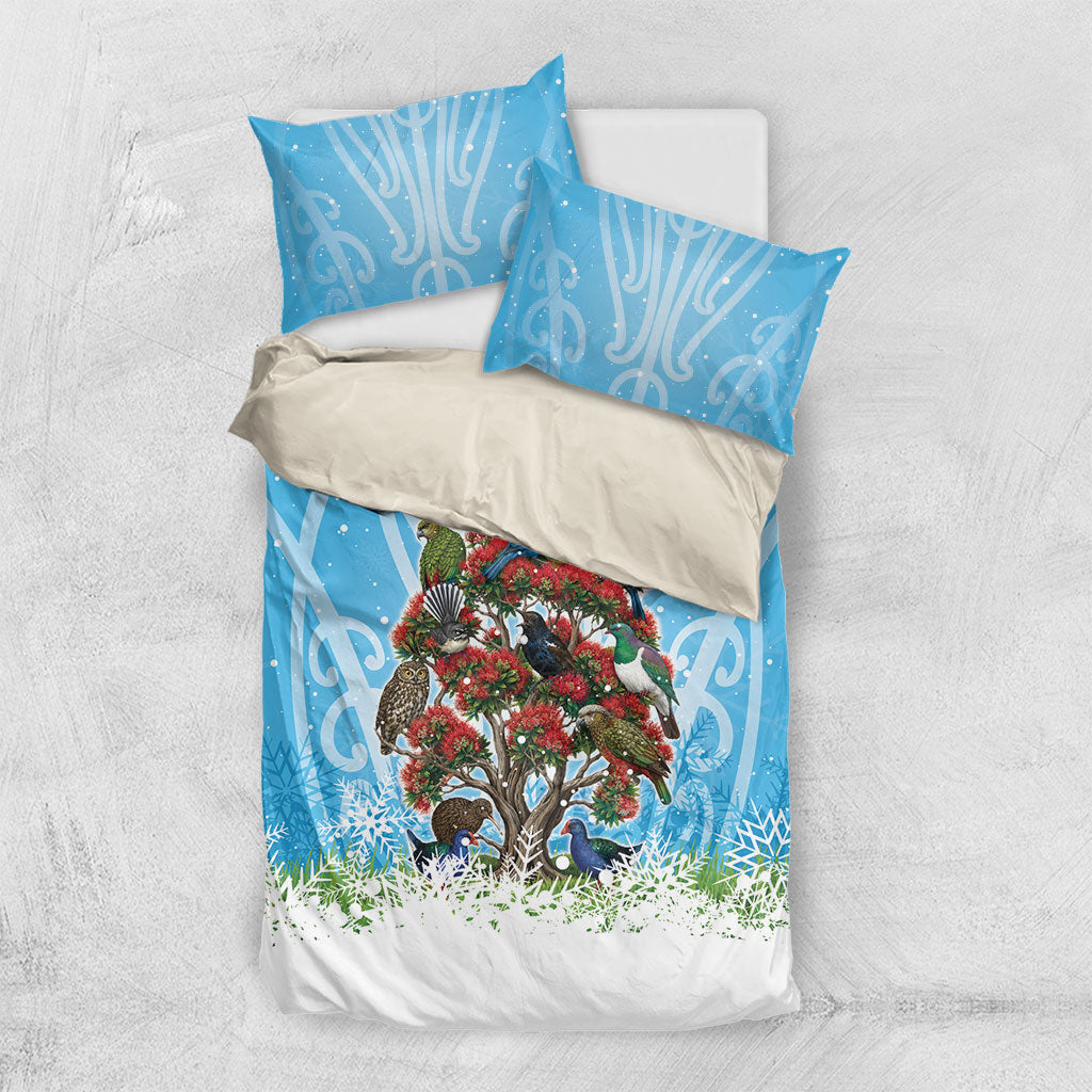 New Zealand Birds Christmas Bedding Set Pohutukawa Xmas Tree LT05 US Twin 172cm x 218cm Blue - Polynesian Pride