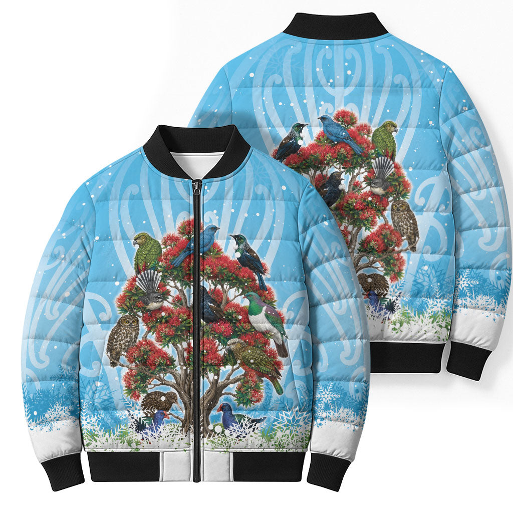 New Zealand Birds Christmas Bomber Puffer Jacket Pohutukawa Xmas Tree LT05 - Polynesian Pride
