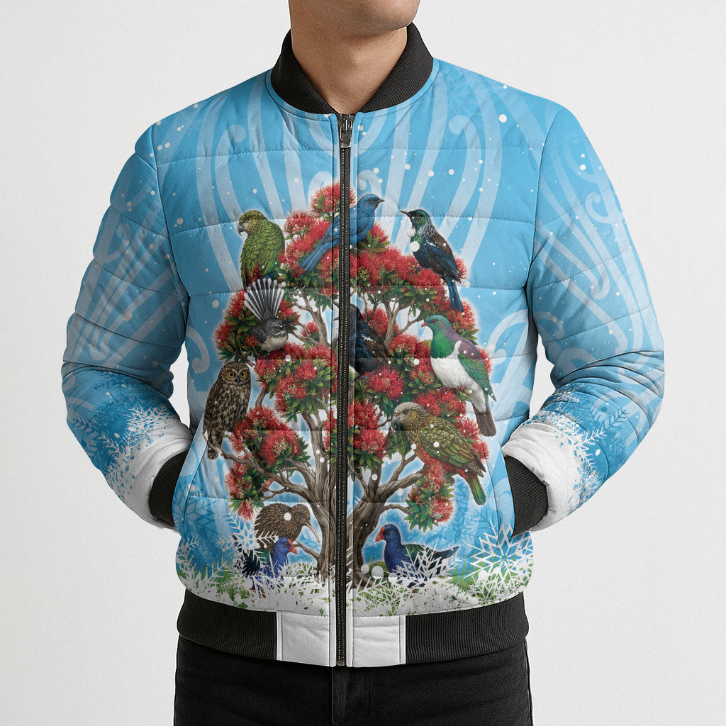 New Zealand Birds Christmas Bomber Puffer Jacket Pohutukawa Xmas Tree LT05 - Polynesian Pride