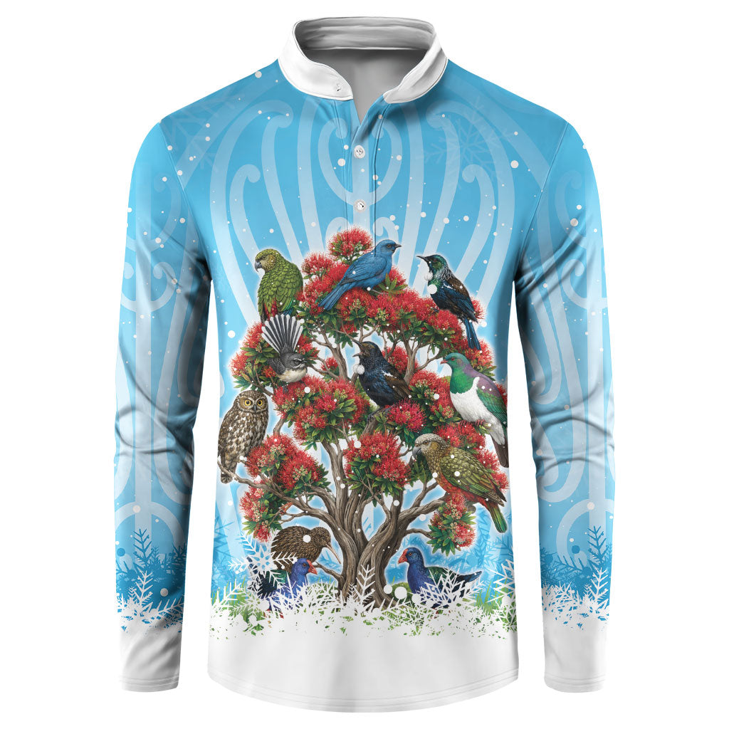 New Zealand Birds Christmas Button Sweatshirt Pohutukawa Xmas Tree LT05 Blue - Polynesian Pride