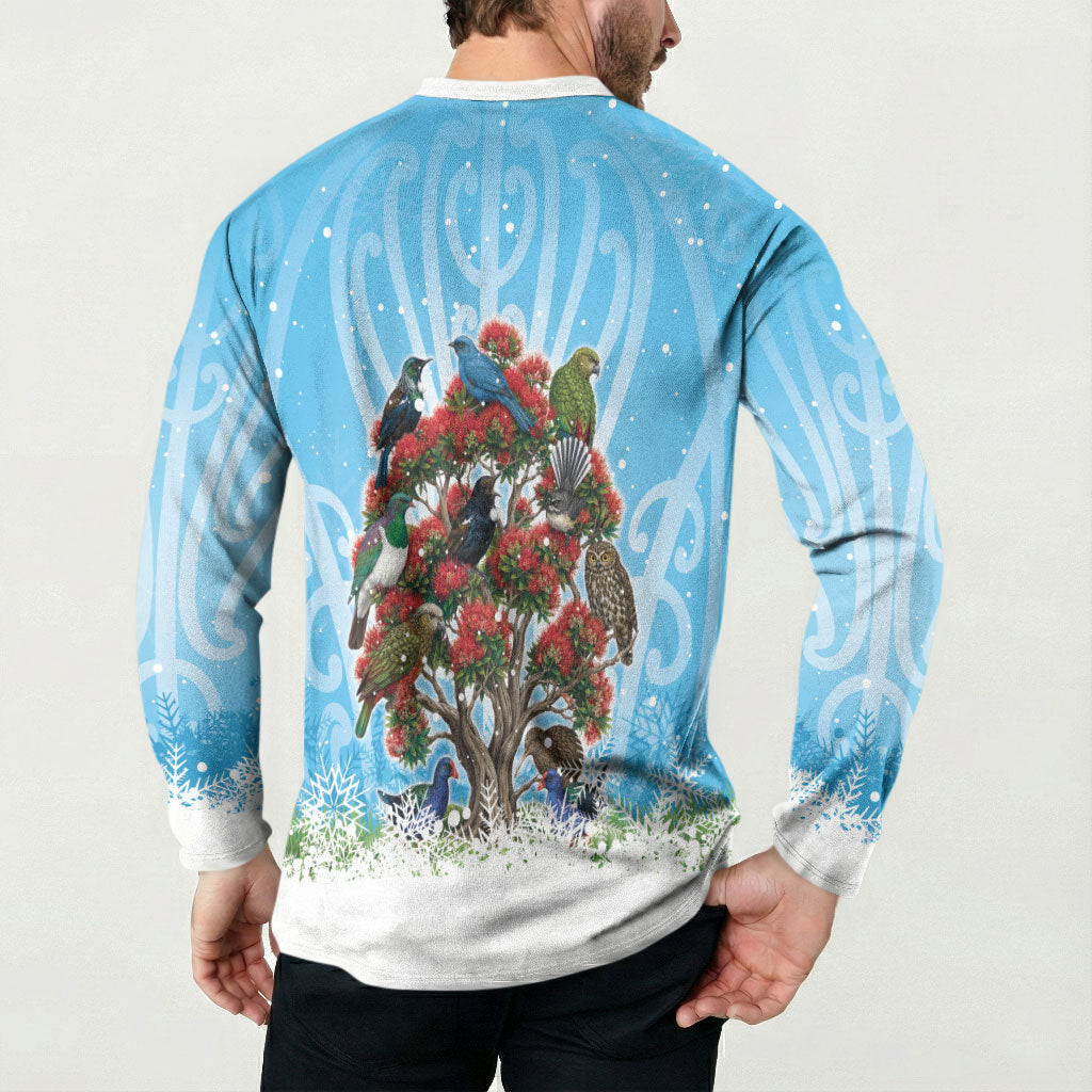 New Zealand Birds Christmas Button Sweatshirt Pohutukawa Xmas Tree LT05 - Polynesian Pride