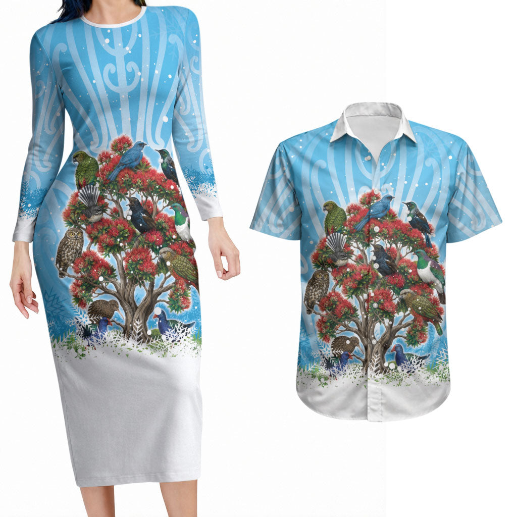 New Zealand Birds Christmas Couples Matching Long Sleeve Bodycon Dress and Hawaiian Shirt Pohutukawa Xmas Tree LT05 Blue - Polynesian Pride