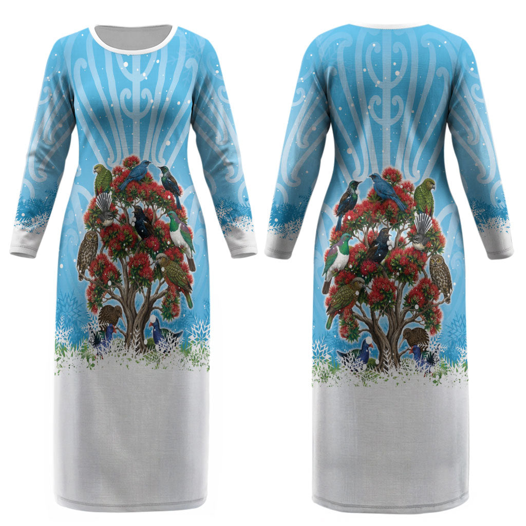 New Zealand Birds Christmas Couples Matching Long Sleeve Bodycon Dress and Long Sleeve Button Shirt Pohutukawa Xmas Tree LT05 - Polynesian Pride