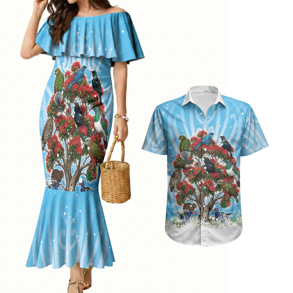 New Zealand Birds Christmas Couples Matching Mermaid Dress and Hawaiian Shirt Pohutukawa Xmas Tree LT05 Blue - Polynesian Pride