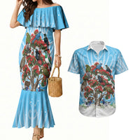 New Zealand Birds Christmas Couples Matching Mermaid Dress and Hawaiian Shirt Pohutukawa Xmas Tree LT05 Blue - Polynesian Pride