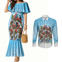 New Zealand Birds Christmas Couples Matching Mermaid Dress and Long Sleeve Button Shirt Pohutukawa Xmas Tree LT05 Blue - Polynesian Pride