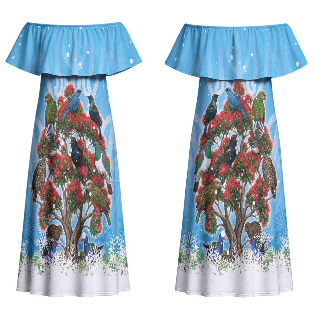 New Zealand Birds Christmas Couples Matching Off Shoulder Maxi Dress and Hawaiian Shirt Pohutukawa Xmas Tree LT05 - Polynesian Pride