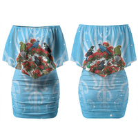 New Zealand Birds Christmas Couples Matching Off Shoulder Short Dress and Long Sleeve Button Shirt Pohutukawa Xmas Tree LT05 - Polynesian Pride