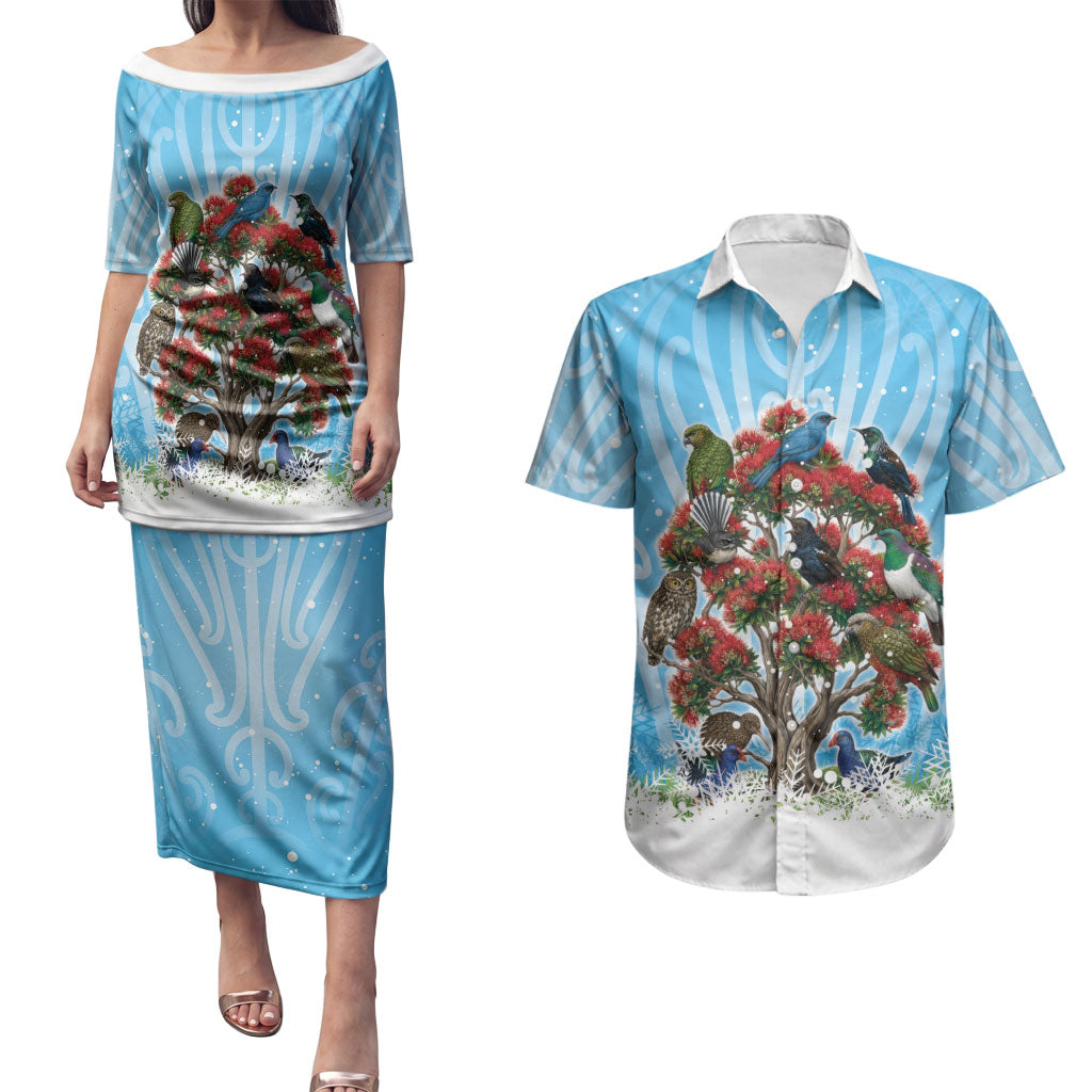 New Zealand Birds Christmas Couples Matching Puletasi and Hawaiian Shirt Pohutukawa Xmas Tree LT05 Blue - Polynesian Pride