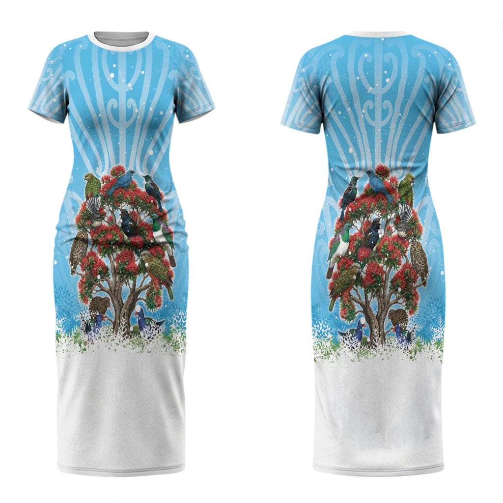 New Zealand Birds Christmas Couples Matching Short Sleeve Bodycon Dress and Hawaiian Shirt Pohutukawa Xmas Tree LT05 - Polynesian Pride