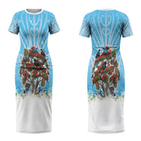 New Zealand Birds Christmas Couples Matching Short Sleeve Bodycon Dress and Long Sleeve Button Shirt Pohutukawa Xmas Tree LT05 - Polynesian Pride
