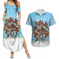 New Zealand Birds Christmas Couples Matching Summer Maxi Dress and Hawaiian Shirt Pohutukawa Xmas Tree LT05 Blue - Polynesian Pride