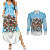 New Zealand Birds Christmas Couples Matching Summer Maxi Dress and Long Sleeve Button Shirt Pohutukawa Xmas Tree LT05 Blue - Polynesian Pride