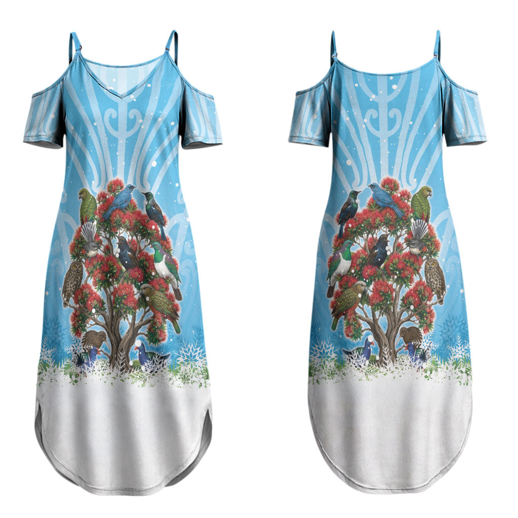 New Zealand Birds Christmas Couples Matching Summer Maxi Dress and Long Sleeve Button Shirt Pohutukawa Xmas Tree LT05 - Polynesian Pride