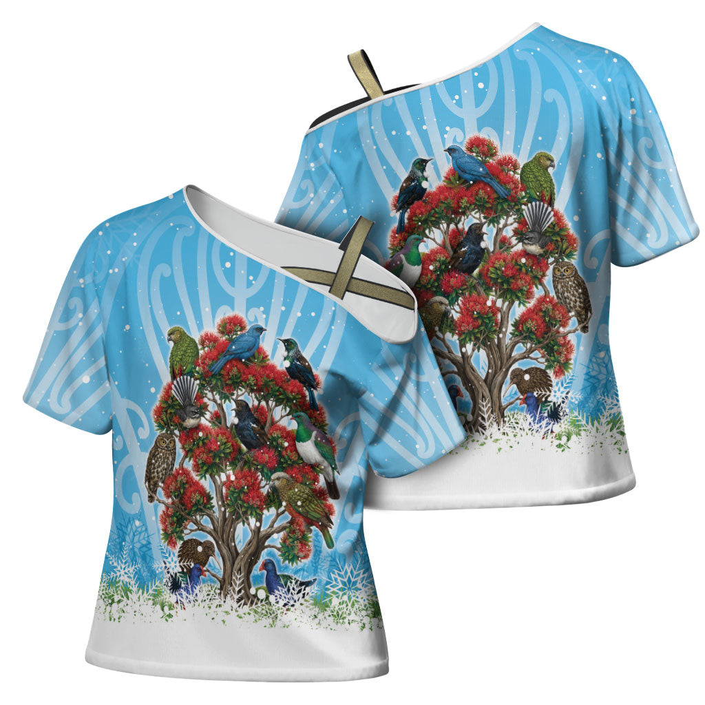 New Zealand Birds Christmas Cross Shoulder Shirt Pohutukawa Xmas Tree LT05 - Polynesian Pride
