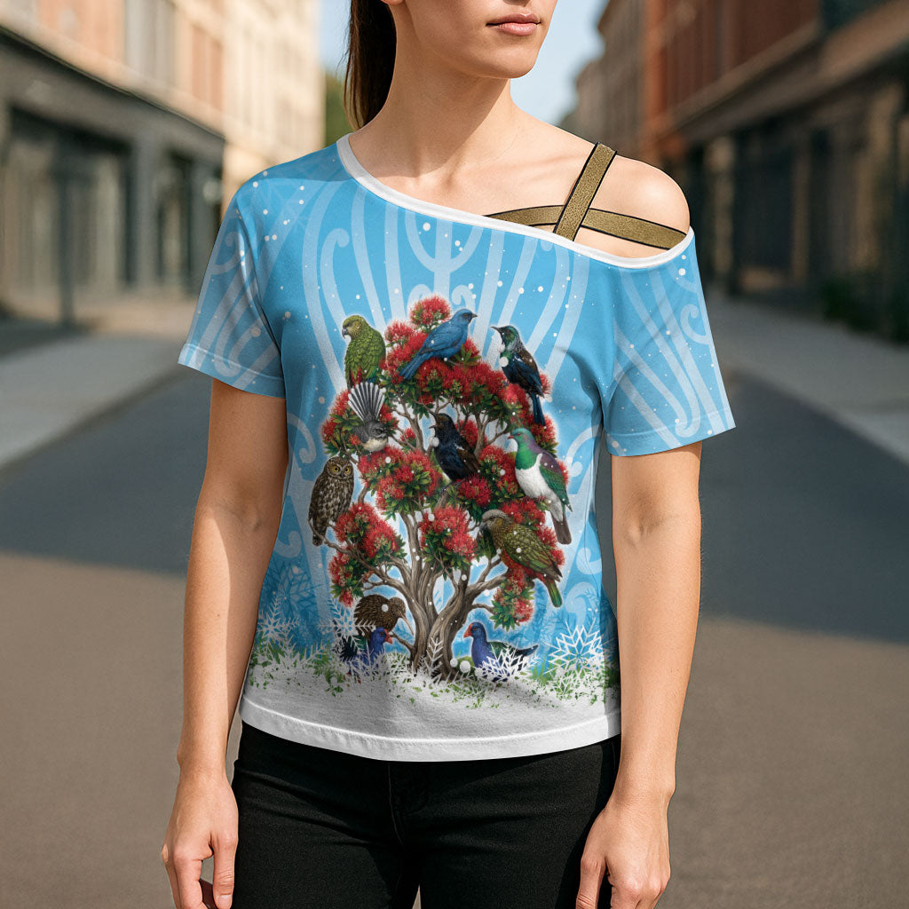 New Zealand Birds Christmas Cross Shoulder Shirt Pohutukawa Xmas Tree LT05 - Polynesian Pride