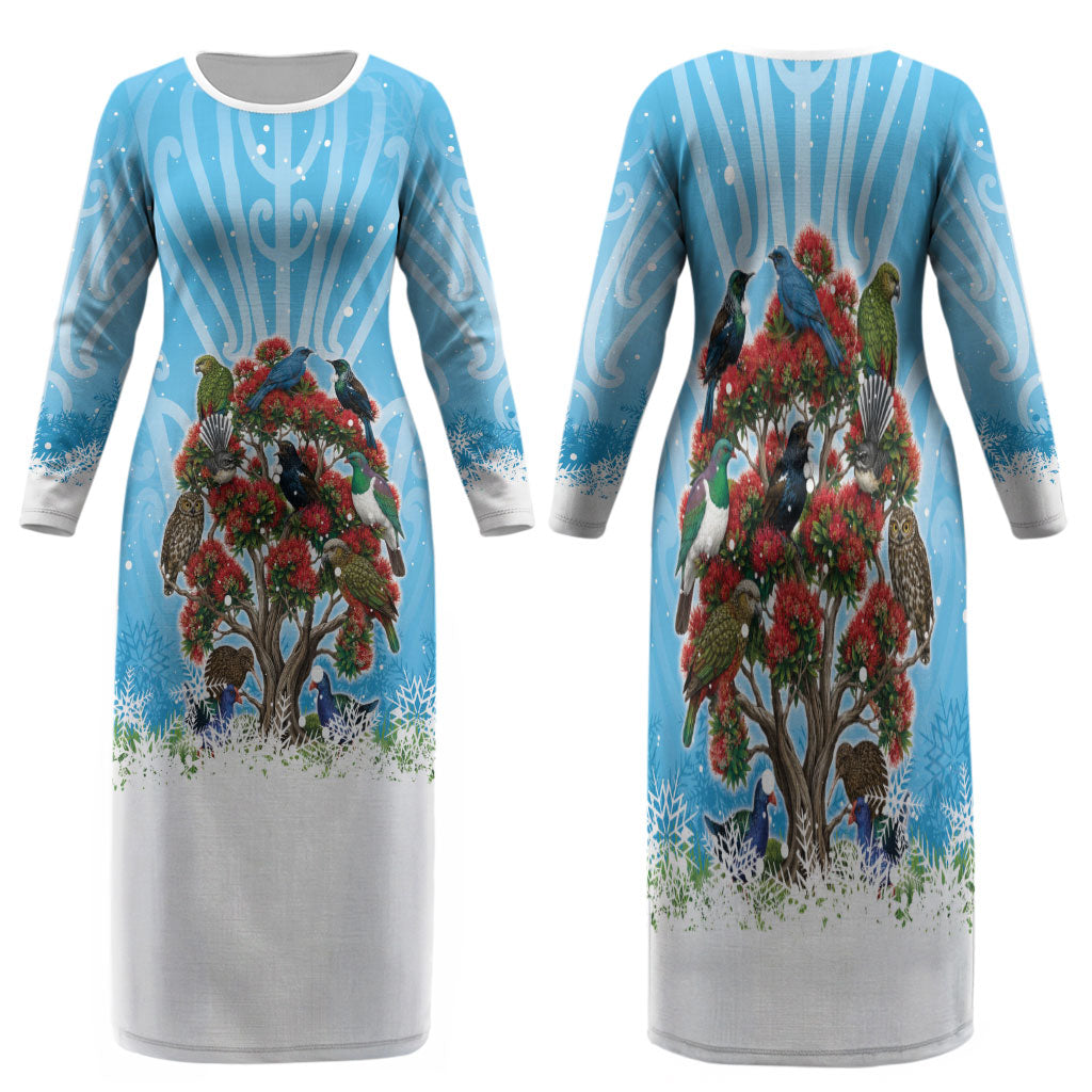 New Zealand Birds Christmas Family Matching Long Sleeve Bodycon Dress and Hawaiian Shirt Pohutukawa Xmas Tree LT05 Mom's Dress Blue - Polynesian Pride