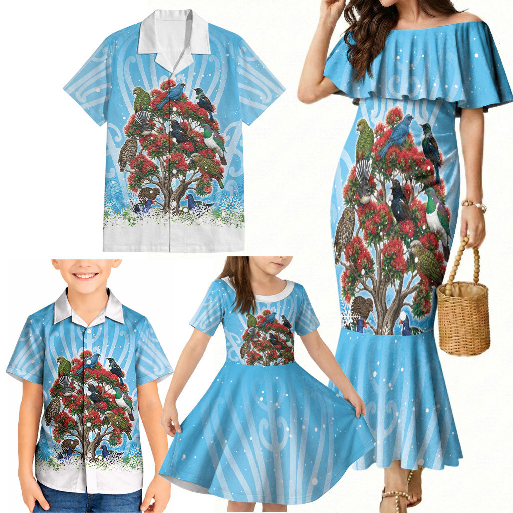 New Zealand Birds Christmas Family Matching Mermaid Dress and Hawaiian Shirt Pohutukawa Xmas Tree LT05 - Polynesian Pride