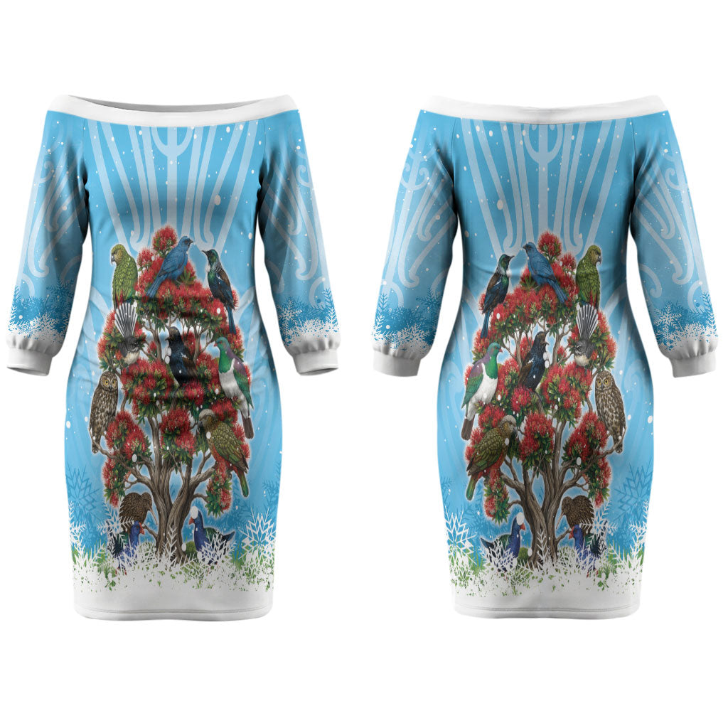 New Zealand Birds Christmas Family Matching Off The Shoulder Long Sleeve Dress and Hawaiian Shirt Pohutukawa Xmas Tree LT05 Mom's Dress Blue - Polynesian Pride