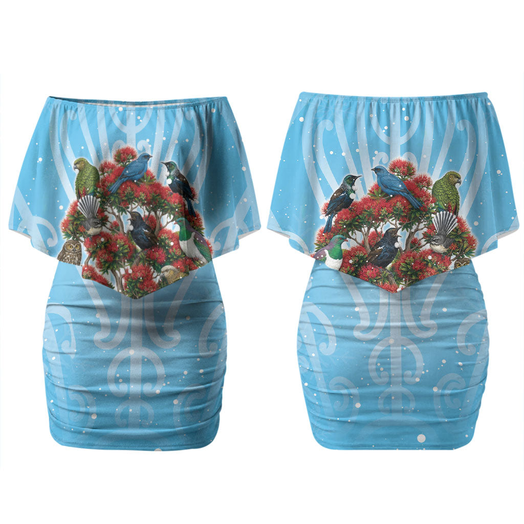 New Zealand Birds Christmas Family Matching Off Shoulder Short Dress and Hawaiian Shirt Pohutukawa Xmas Tree LT05 Mom's Dress Blue - Polynesian Pride