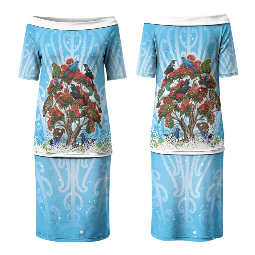 New Zealand Birds Christmas Family Matching Puletasi and Hawaiian Shirt Pohutukawa Xmas Tree LT05 Mom's Dress Blue - Polynesian Pride
