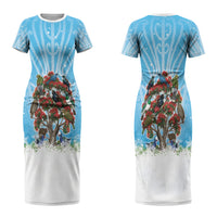 New Zealand Birds Christmas Family Matching Short Sleeve Bodycon Dress and Hawaiian Shirt Pohutukawa Xmas Tree LT05 Mom's Dress Blue - Polynesian Pride