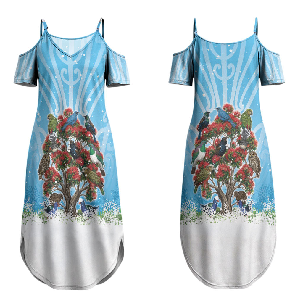 New Zealand Birds Christmas Family Matching Summer Maxi Dress and Hawaiian Shirt Pohutukawa Xmas Tree LT05 Mom's Dress Blue - Polynesian Pride