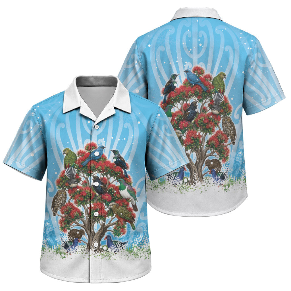 New Zealand Birds Christmas Family Matching Summer Maxi Dress and Hawaiian Shirt Pohutukawa Xmas Tree LT05 Son's Shirt Blue - Polynesian Pride