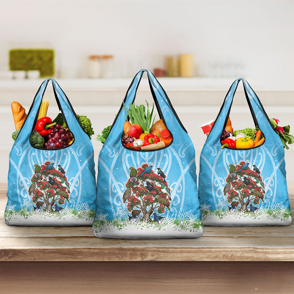 New Zealand Birds Christmas Grocery Bag Pohutukawa Xmas Tree LT05 3-pack One Size Blue - Polynesian Pride