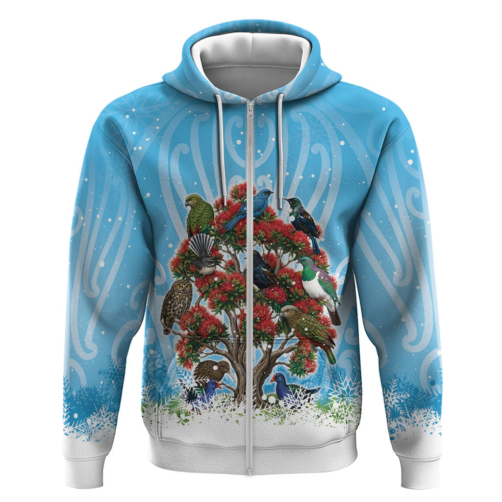 New Zealand Birds Christmas Hoodie Pohutukawa Xmas Tree LT05 Zip Hoodie Blue - Polynesian Pride