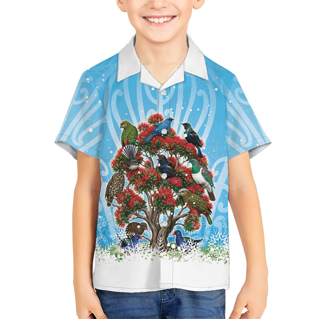 New Zealand Birds Christmas Kid Hawaiian Shirt Pohutukawa Xmas Tree LT05 Kid Blue - Polynesian Pride