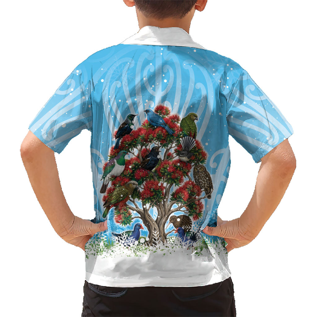 New Zealand Birds Christmas Kid Hawaiian Shirt Pohutukawa Xmas Tree LT05 - Polynesian Pride