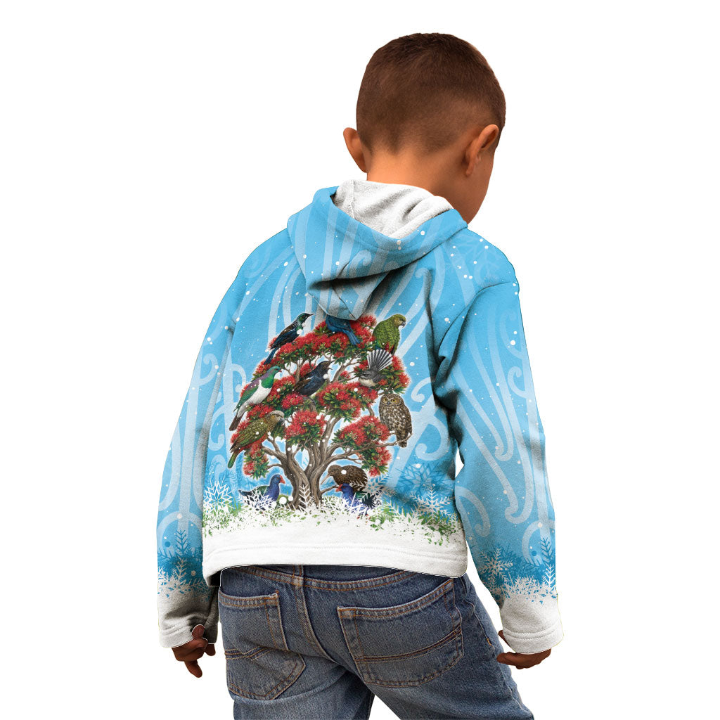 New Zealand Birds Christmas Kid Hoodie Pohutukawa Xmas Tree LT05 - Polynesian Pride