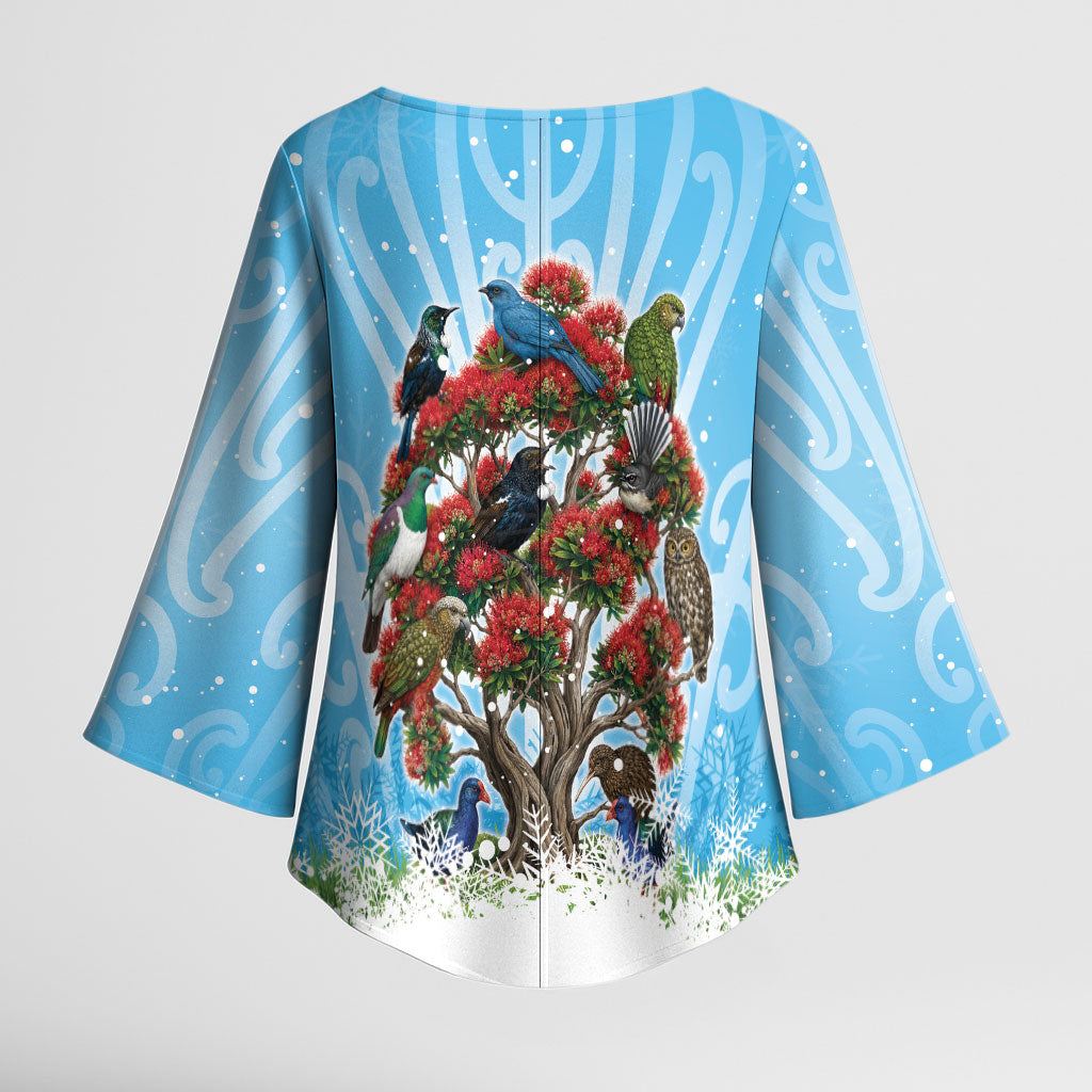 New Zealand Birds Christmas Kimono Sleeve Blouse Pohutukawa Xmas Tree LT05 - Polynesian Pride