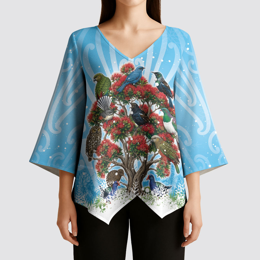 New Zealand Birds Christmas Kimono Sleeve Blouse Pohutukawa Xmas Tree LT05 - Polynesian Pride