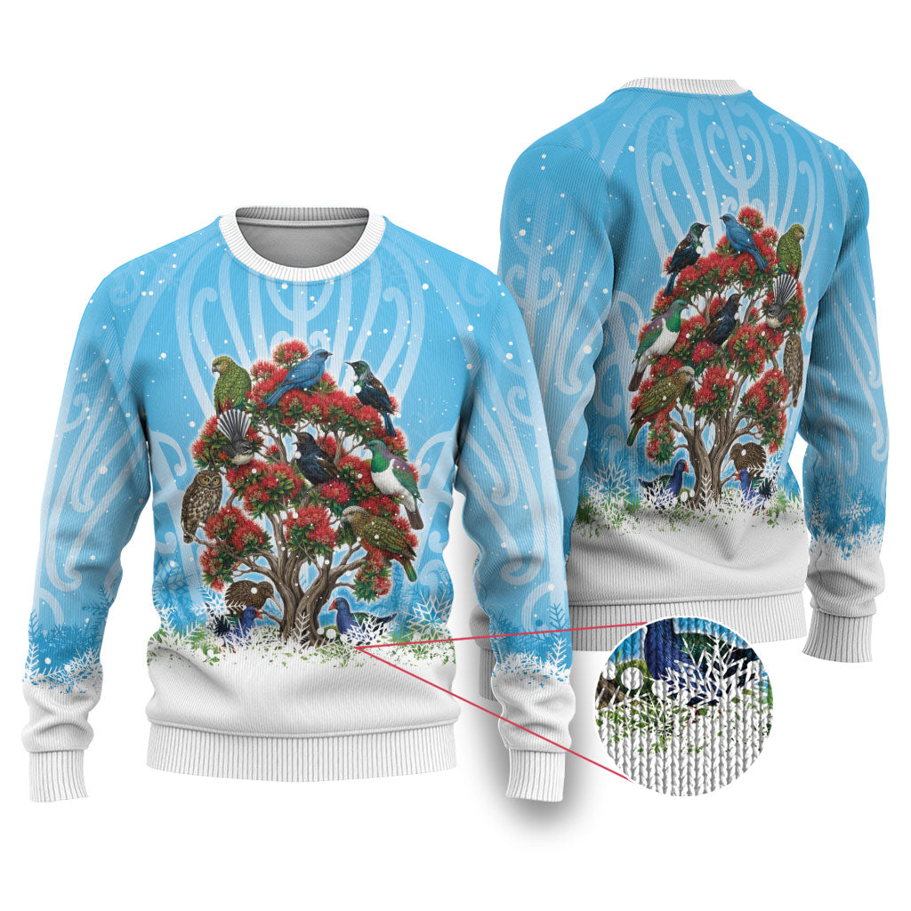 New Zealand Birds Christmas Ugly Christmas Sweater Pohutukawa Xmas Tree LT05 Blue - Polynesian Pride