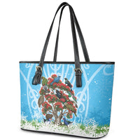 New Zealand Birds Christmas Leather Tote Bag Pohutukawa Xmas Tree LT05 - Polynesian Pride