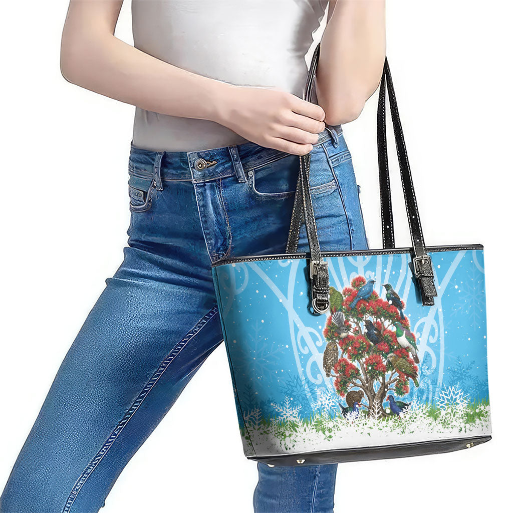 New Zealand Birds Christmas Leather Tote Bag Pohutukawa Xmas Tree LT05 - Polynesian Pride